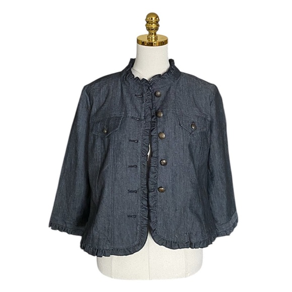 SANDRO | Women’s Ruffle Trim Black Denim Button Down Jacket Size PM - Picture 5 of 6